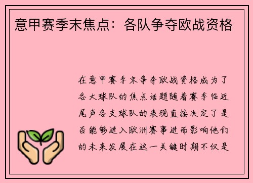 意甲赛季末焦点：各队争夺欧战资格