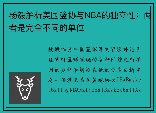杨毅解析美国篮协与NBA的独立性：两者是完全不同的单位